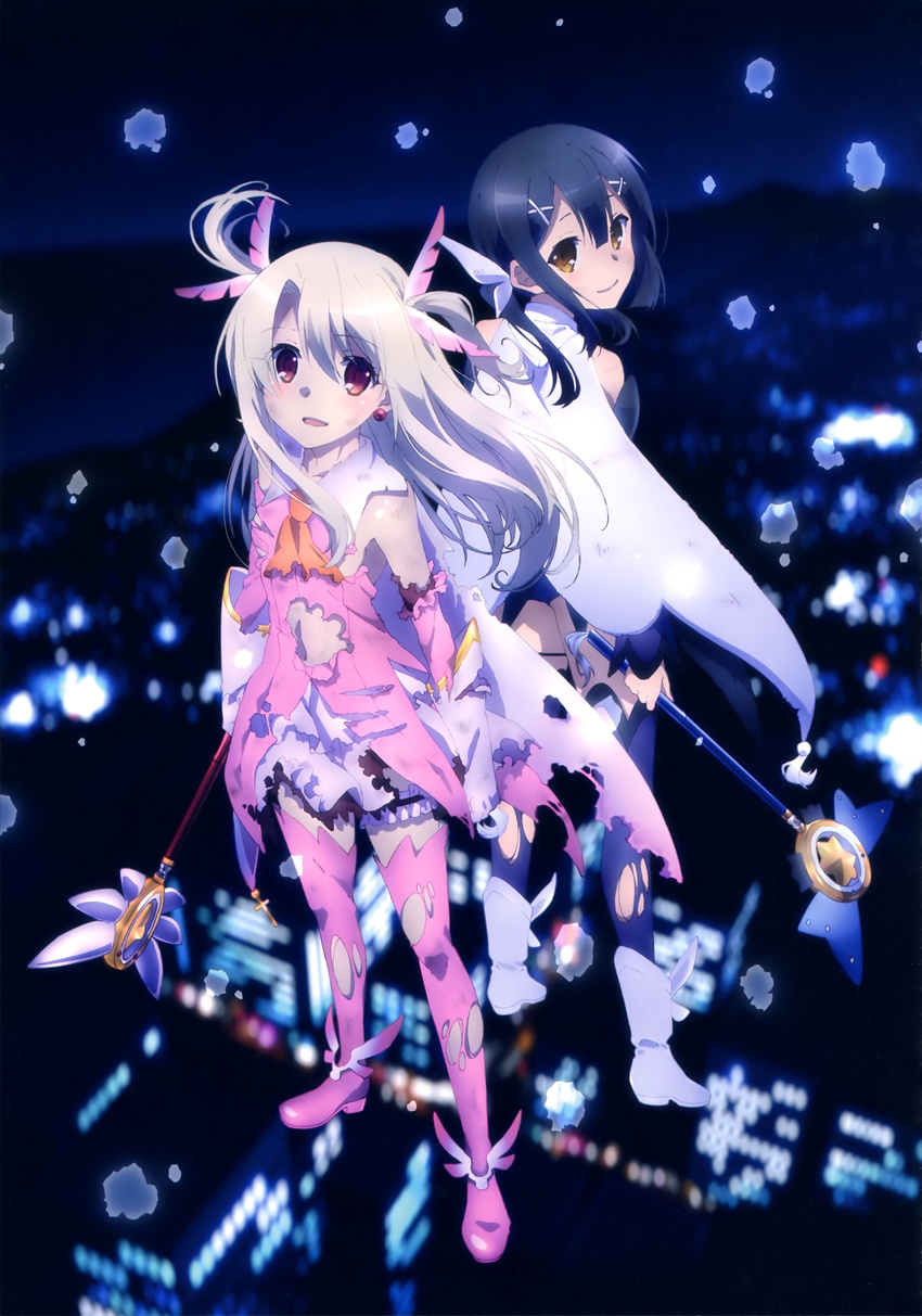 absurdres black_hair boots brown_eyes detached_sleeves dress earrings eyebrows_visible_through_hair fate/kaleid_liner_prisma_illya fate_(series) feathers floating_hair gloves hair_between_eyes hair_feathers hair_ribbon highres holding holding_staff illyasviel_von_einzbern jewelry looking_at_viewer looking_back magical_girl magical_ruby magical_sapphire midriff miyu_edelfelt multiple_girls night official_art outdoors pink_dress pink_feathers pink_footwear prisma_illya purple_legwear red_eyes ribbon short_hair silver_hair staff thigh_boots thighhighs torn_boots torn_clothes torn_dress torn_legwear twintails two_side_up white_footwear white_gloves white_ribbon