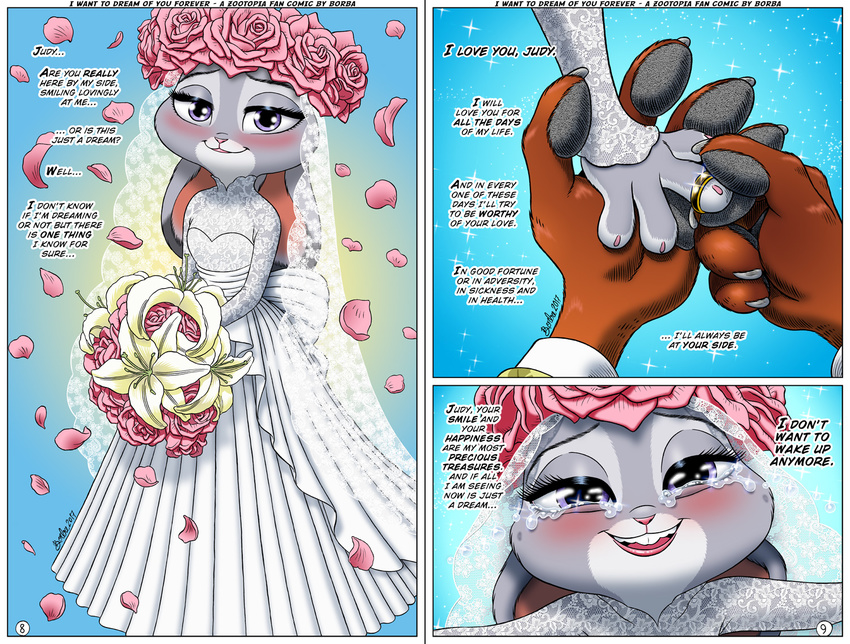 2017 abstract_background anthro blue_background blush borba bouquet bride clothed clothing comic dipstick_ears disney dress female first_person_view floral_crown flower fur grey_fur judy_hopps lace lagomorph lily_(flower) mammal offscreen_narrator pink_background pink_nose pink_roses plant purple_eyes rabbit rose screentone simple_background smile solo wedding_dress zootopia