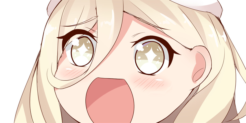 1girl beret blonde_hair close-up hat kantai_collection long_hair looking_at_viewer nahaki no_nose open_mouth richelieu_(kantai_collection) simple_background solo sparkling_eyes symbol-shaped_pupils white_background white_hat yellow_eyes