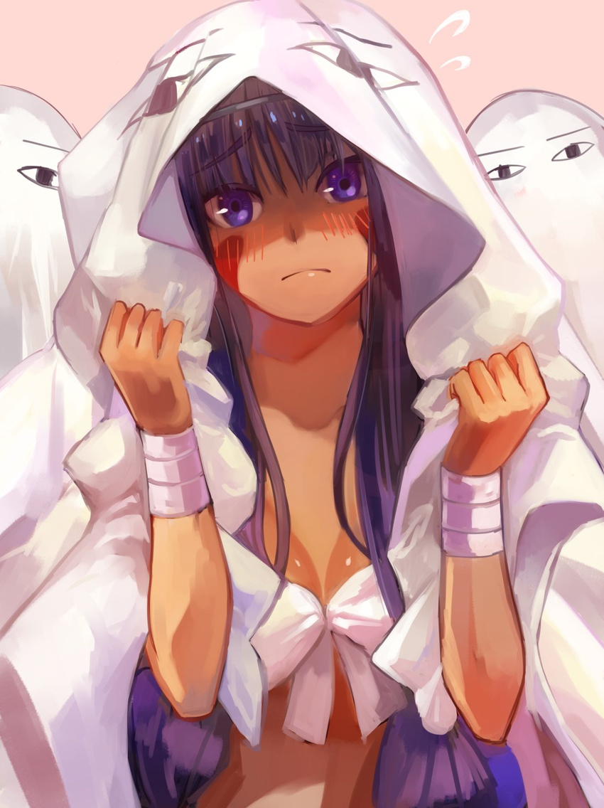 &lt;o&gt;_&lt;o&gt; bangs bed_sheet blush breasts cleavage collarbone commentary_request dark_skin facepaint fate/grand_order fate_(series) flying_sweatdrops hairband hands_up highres kuune_(muttey-myg) long_hair looking_at_viewer medium_breasts medjed nitocris_(fate/grand_order) nitocris_(swimsuit_assassin)_(fate) pink_background purple_eyes purple_hair sidelocks very_long_hair white_bikini_top wristband