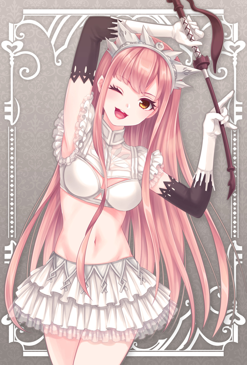 bangs blunt_bangs blush breasts cleavage cowboy_shot fate/grand_order fate_(series) gloves highres holding_whip long_hair looking_at_viewer medb_(fate)_(all) medb_(fate/grand_order) medium_breasts navel one_eye_closed open_mouth pika_mouse pink_hair skirt smile solo tiara whip white_gloves yellow_eyes