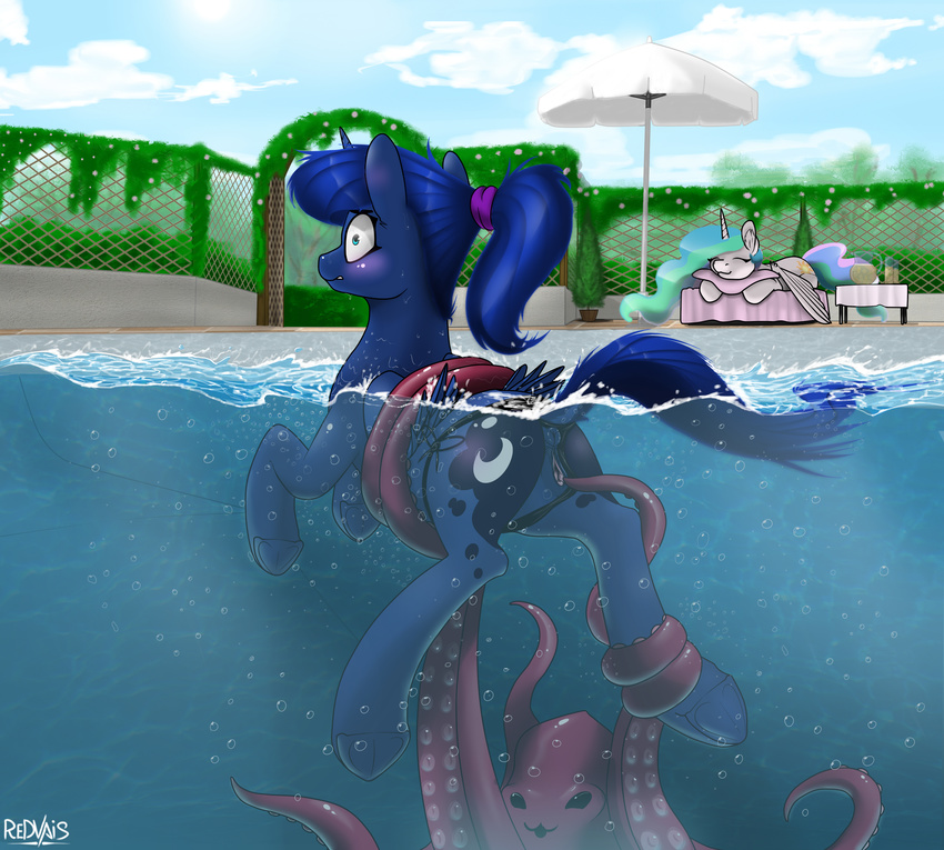 anus bikini blue_feathers blue_fur cephalopod clothing cloud equine feathers female fence friendship_is_magic fur hooves horn horse imminent_rape imminent_tentacle_rape mammal marine my_little_pony octopus outside panties ponytail princess_celestia_(mlp) princess_luna_(mlp) pussy redvais sky sleeping surprise swimming_pool swimsuit tentacles umbrella underhoof underwear water white_feathers white_fur winged_unicorn wings