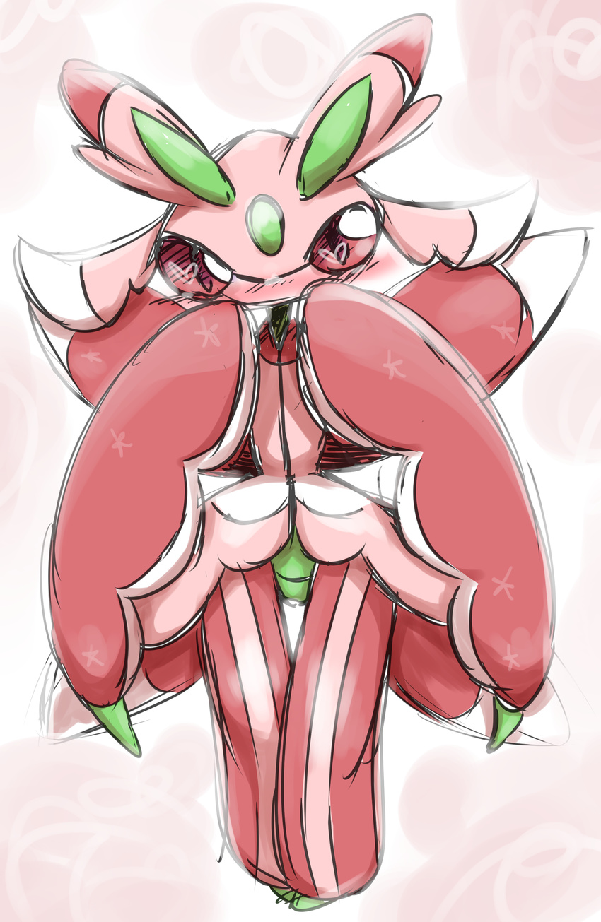 1girl absurdres antennae blush full_body hands_up heart heart-shaped_pupils insect_girl looking_at_viewer lurantis negoya no_humans no_mouth pink_eyes pinstripe_pattern pokemon pokemon_(creature) pokemon_sm simple_background solo standing symbol-shaped_pupils thigh_gap white_background