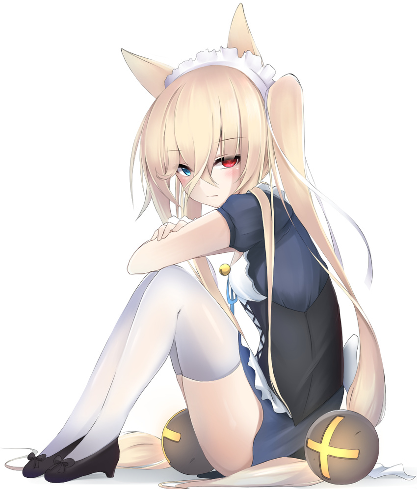 alternate_costume animal_ears bangs bell black_footwear blonde_hair blue_eyes blue_skirt blush closed_mouth corset enmaided eyebrows_visible_through_hair from_side full_body g41_(girls_frontline) girls_frontline hair_between_eyes hair_bobbles hair_ornament half-closed_eyes heterochromia highres jingle_bell legs_together long_hair looking_at_viewer maid maid_headdress puffy_short_sleeves puffy_sleeves red_eyes shoes short_sleeves sitting skirt solo thighhighs thighs transparent_background tsurime very_long_hair white_legwear xiaobai_(cheng_pan)