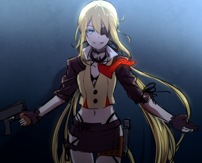 bangs black_bikini_top black_gloves black_skirt blue_eyes collared_shirt commentary commentary_request cowboy_shot eyepatch girls_frontline gloves gun hair_between_eyes long_hair looking_at_viewer low_twintails machine_pistol midriff navel outstretched_arms parted_lips partly_fingerless_gloves popped_collar shirt side_slit sidelocks skirt skorpion_vz._61 sleeves_rolled_up smile solo submachine_gun trigger_discipline tsurime twintails very_long_hair vz.61_(girls_frontline) weapon white_shirt xiujia_yihuizi