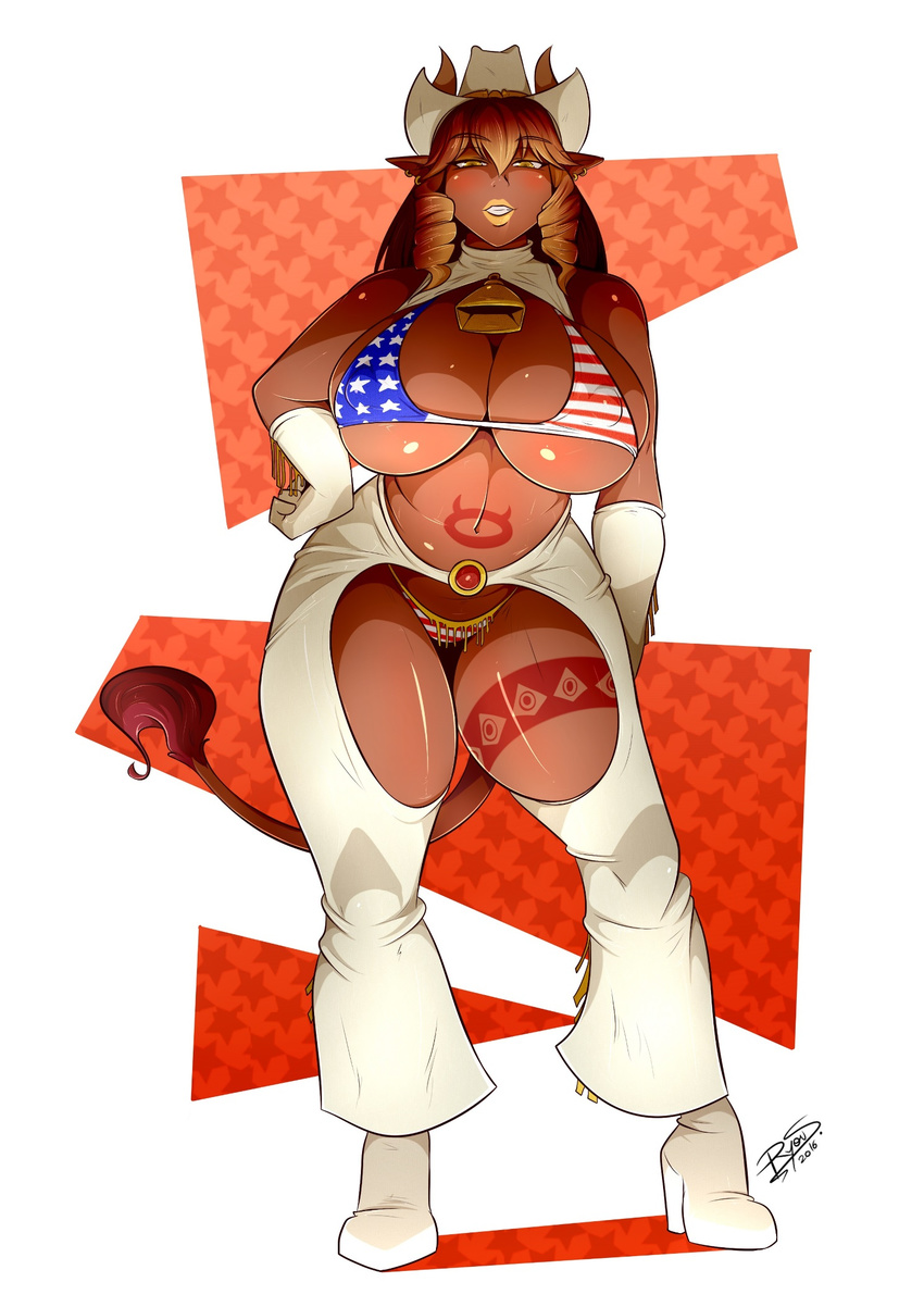 2016 amber_eyes anthro bell big_breasts bikini blonde_hair blush boots bovine breasts brown_hair chaps cleavage clothed clothing corruption_of_champions cowbell cowboy_hat dark_skin ear_piercing excellia_(coc) female flag_bikini footwear gloves hair hat hi_res high_heeled_boots high_heels horn huge_breasts makeup mammal minotaur multicolored_hair nipple_bulge patriotism piercing politics ryousakai shoes solo stars_and_stripes swimsuit tassels tattoo thick_thighs two_tone_hair under_boob united_states_of_america voluptuous wide_hips yellow_lips