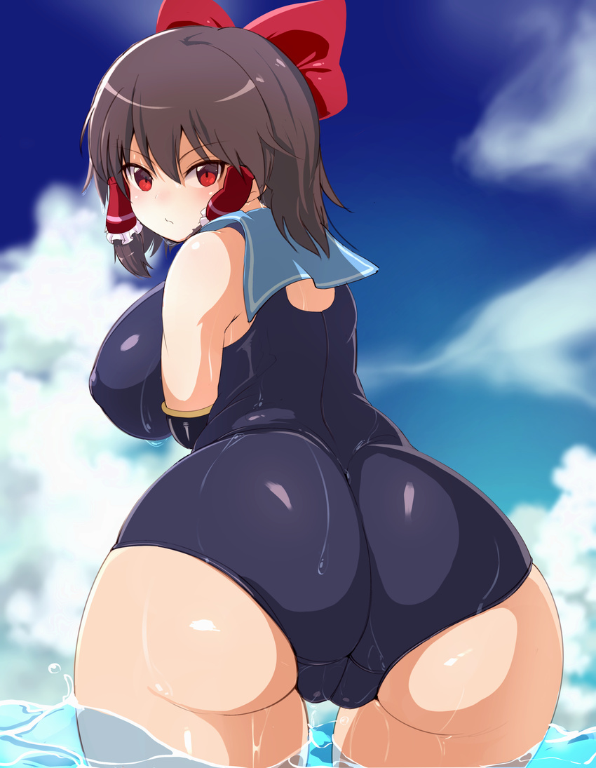 :/ ass bare_shoulders bow breasts brown_hair cameltoe cookie_(touhou) covered_nipples curvy day elbow_gloves gloves hair_bow hair_tubes hakurei_reimu highres large_breasts looking_at_viewer looking_back onakon_3-nichi-me one-piece_swimsuit outdoors partially_submerged red_eyes reu sailor_collar short_hair sky swimsuit thighs touhou v-shaped_eyebrows water wet wide_hips