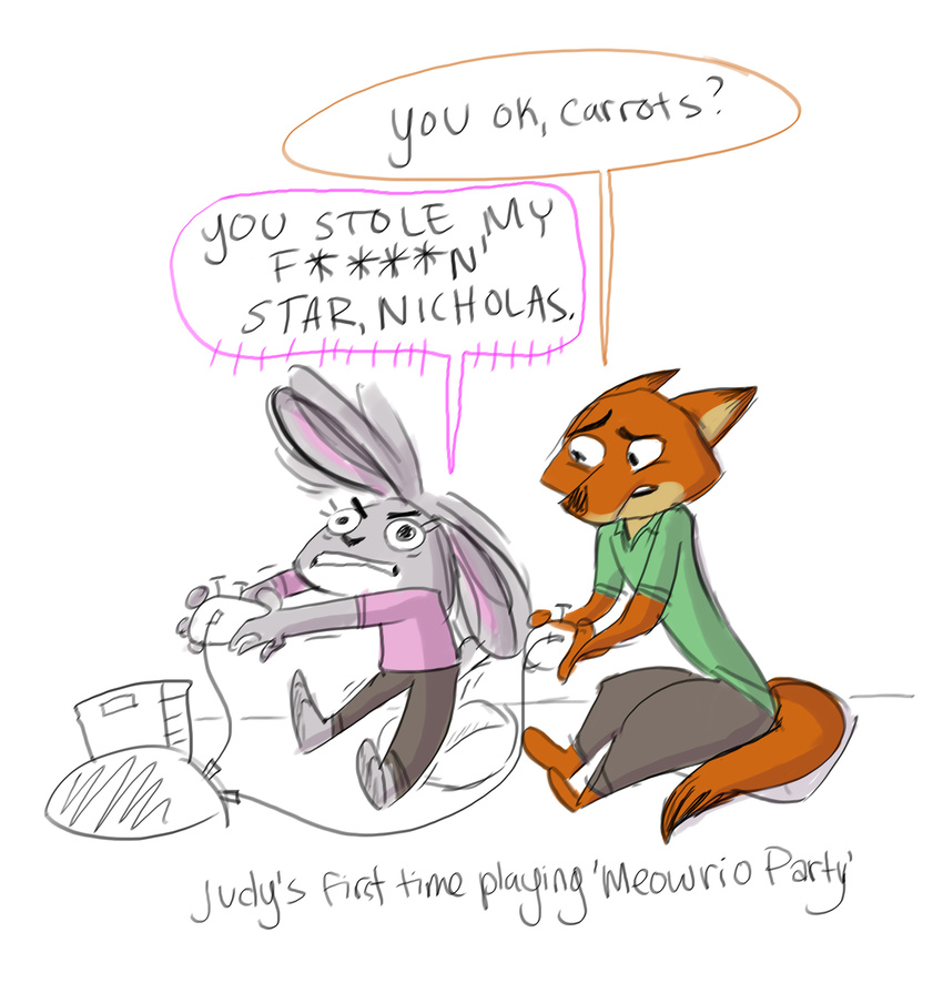 anthro canine dialogue disney drawn2wildehopps duo female fox fur grey_fur hi_res humor judy_hopps lagomorph long_ears mammal nick_wilde orange_fur pun rabbit simple_background sitting zootopia