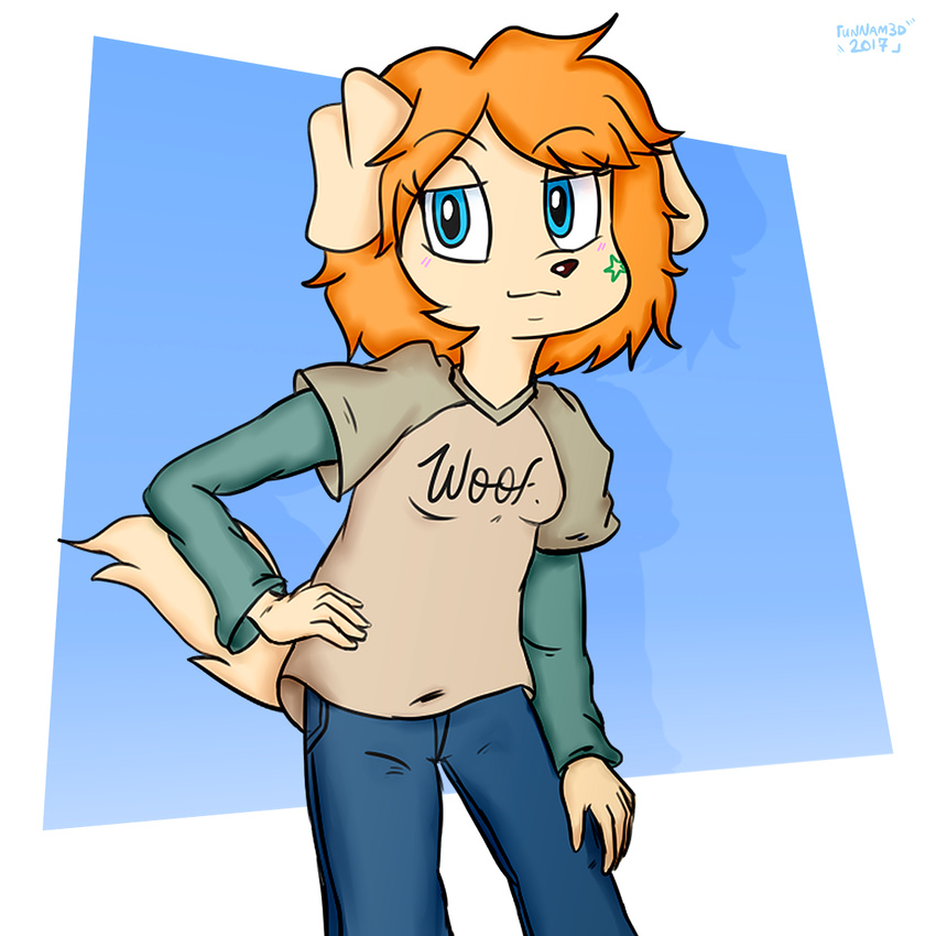 2017 5_fingers :3 anthro blue_eyes blush canine clothing dog female golden_retriever goldie_(unnam3d) hair half-closed_eyes hand_on_hip hand_on_knee jeans leaning leaning_forward looking_at_viewer mammal orange_hair pants simple_background smile solo unnam3d