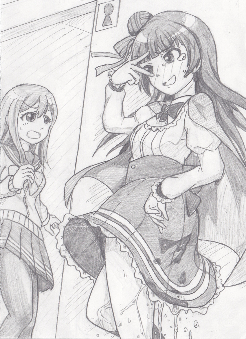 2girls arm_up artist_request bathroom blush bow capelet character_request eyebrows_visible_through_hair frilled_skirt frills greyscale hair_bun hair_ribbon hand_on_hip hand_up have_to_pee highres long_hair long_sleeves love_live! love_live!_school_idol_project monochrome multiple_girls open_mouth pantyhose peeing peeing_self pleated_skirt puffy_sleeves ribbon sailor_collar school_uniform serafuku skirt smile socks standing sweat tears tied_hair traditional_media tsushima_yoshiko uniform v v_over_eye wet_clothes wet_skirt