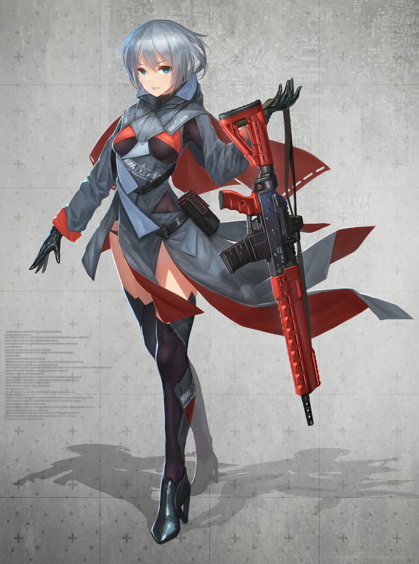 bangs black_footwear black_gloves black_panties blue_eyes boots breasts commentary_request eyebrows_visible_through_hair full_body girls_frontline gloves gun hand_up high_heel_boots high_heels highres holding holding_gun holding_weapon looking_at_viewer military military_uniform original panties parted_lips pelvic_curtain pouch rifle saiga_mk-107_(girls_frontline) shadow short_hair sidelocks silver_hair sling small_breasts solo standing thigh_boots thighhighs tom-neko_(zamudo_akiyuki) tsurime underwear uniform weapon