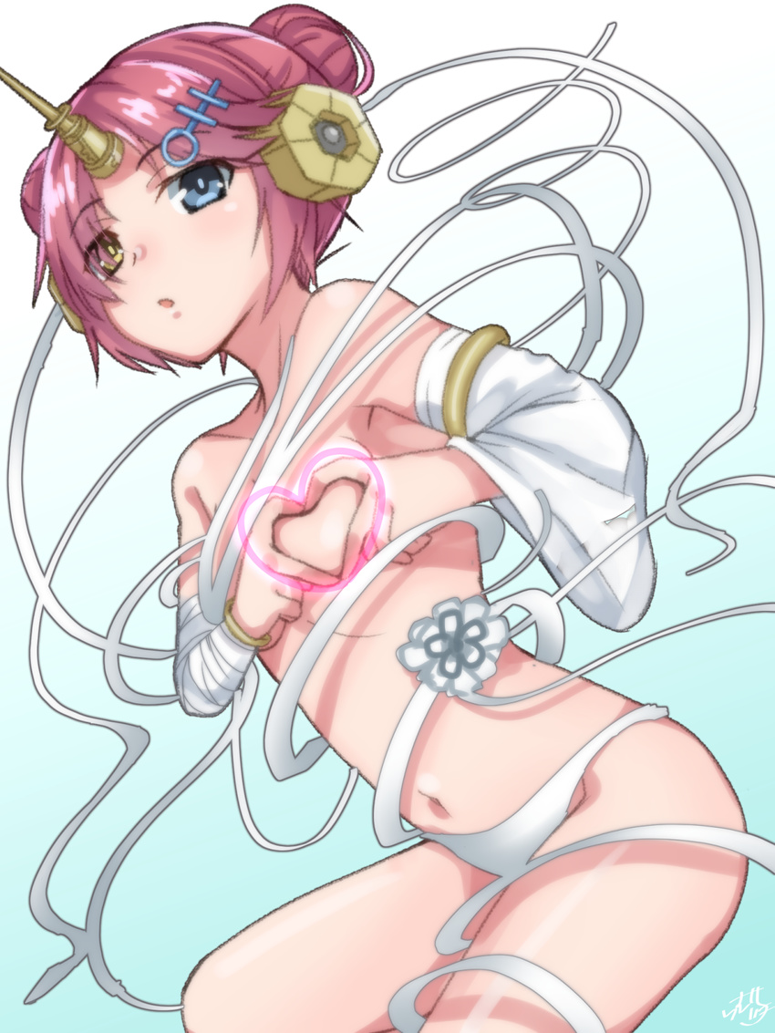 bandaged_arm bandages bangs blue_eyes bracelet breasts commentary_request double_bun eyebrows_visible_through_hair eyes_visible_through_hair fate/apocrypha fate/grand_order fate_(series) flower frankenstein's_monster_(fate) frankenstein's_monster_(swimsuit_saber)_(fate) gradient gradient_background hair_ornament hair_over_one_eye headgear heart heart-shaped_boob_challenge heterochromia highres jewelry looking_at_viewer navel open_mouth pink_hair ramchi short_hair small_breasts solo topless white_bikini_bottom yellow_eyes