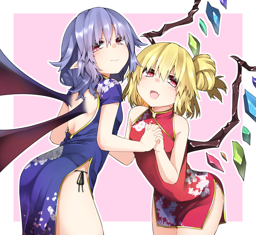 alternate_costume alternate_hairstyle backless_dress backless_outfit bare_arms bat_wings black_panties blonde_hair blue_dress blue_hair china_dress chinese_clothes dress fang flandre_scarlet floral_print hair_bun highres holding_hands interlocked_fingers kz_oji leaning_forward looking_at_viewer medium_hair multiple_girls panties pink_background pointy_ears red_dress red_eyes remilia_scarlet siblings side-tie_panties sisters smile touhou two-tone_background underwear white_background white_panties wings