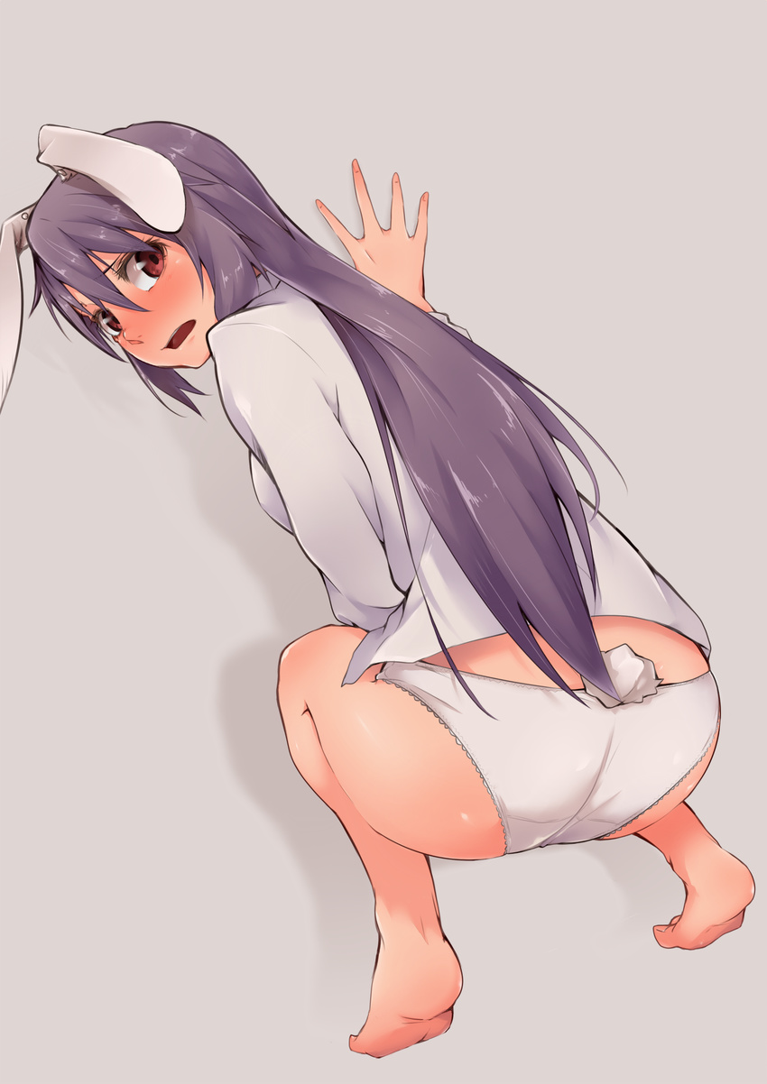 animal_ears ass bare_legs barefoot blush brown_eyes bunny_ears bunny_tail collared_shirt embarrassed feet from_behind highres long_hair looking_at_viewer looking_back onsen_mikan open_mouth panties purple_hair reisen_udongein_inaba shirt simple_background soles solo squatting tail touhou underwear very_long_hair white_panties white_tail
