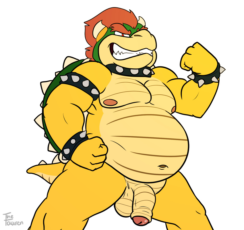 anthro balls belly big_belly biped bowser bracelet collar digital_drawing_(artwork) digital_media_(artwork) evil_grin flaccid flat_colors grin hi_res humanoid_penis jewelry koopa male mario_bros muscular muscular_male navel nintendo nipples nude obese overweight overweight_male partially_retracted_foreskin penis pose scalie short_horn short_tail signature slightly_chubby smile solo spiked_armlet spiked_bracelet spiked_collar spiked_shell spikes spread_legs spreading thesintaur uncut video_games