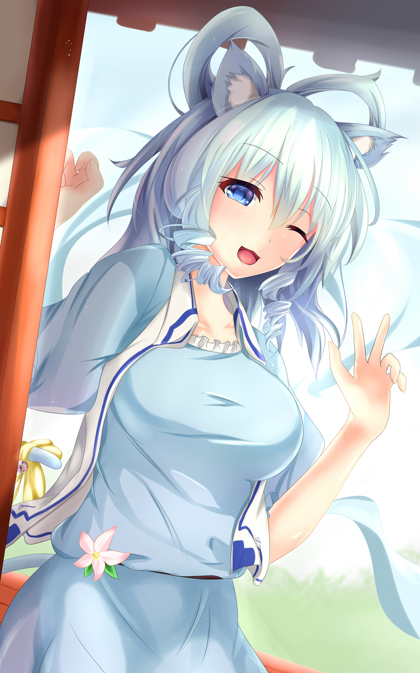 ;d animal_ears bangs bell blue_dress blue_eyes blue_hair blush breasts cat_ears cat_tail collarbone commentary cowboy_shot day dress hair_rings highres jingle_bell kaku_seiga kemonomimi_mode large_breasts long_hair looking_at_viewer one_eye_closed open_clothes open_mouth open_vest oxfirecar ribbon ringlets smile solo tail tail_ribbon touhou v vest white_vest
