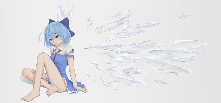 :/ arm_support bangs bare_legs barefoot blue_bow blue_dress blue_eyes blue_hair bow cirno closed_mouth commentary_request dress from_side full_body hair_bow highres ice ice_wings necktie puffy_short_sleeves puffy_sleeves red_neckwear short_hair short_sleeves sitting solo thighs touhou tsukidaruma v-shaped_eyebrows wings