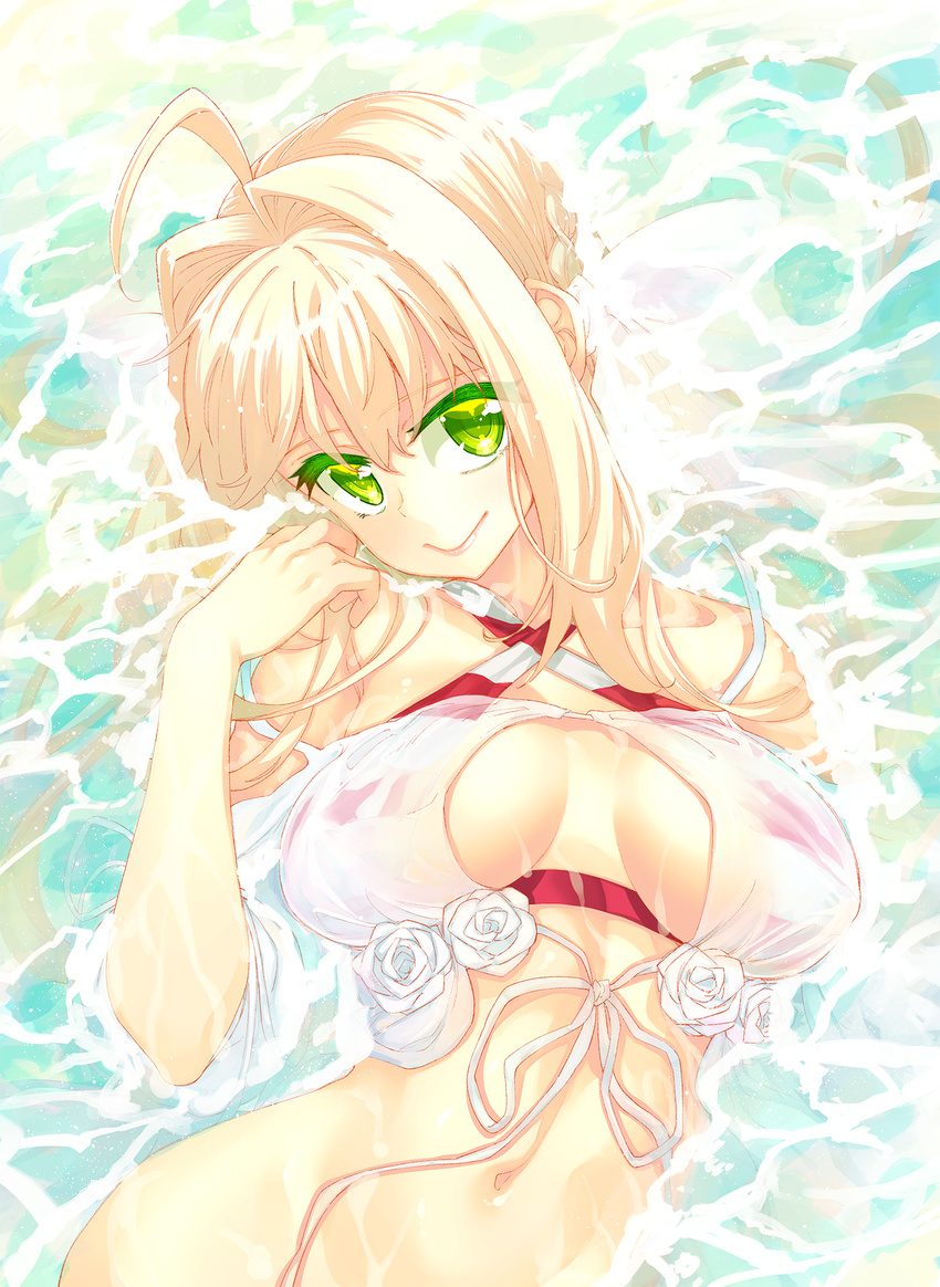 ahoge akino_sora bikini blonde_hair breasts breasts_apart closed_mouth commentary_request contrapposto fate/grand_order fate_(series) green_eyes hair_intakes highres large_breasts long_hair looking_at_viewer lying navel nero_claudius_(fate)_(all) nero_claudius_(swimsuit_caster)_(fate) on_back partially_submerged red_bikini see-through sidelocks smile solo striped striped_bikini swimsuit water wet wet_clothes