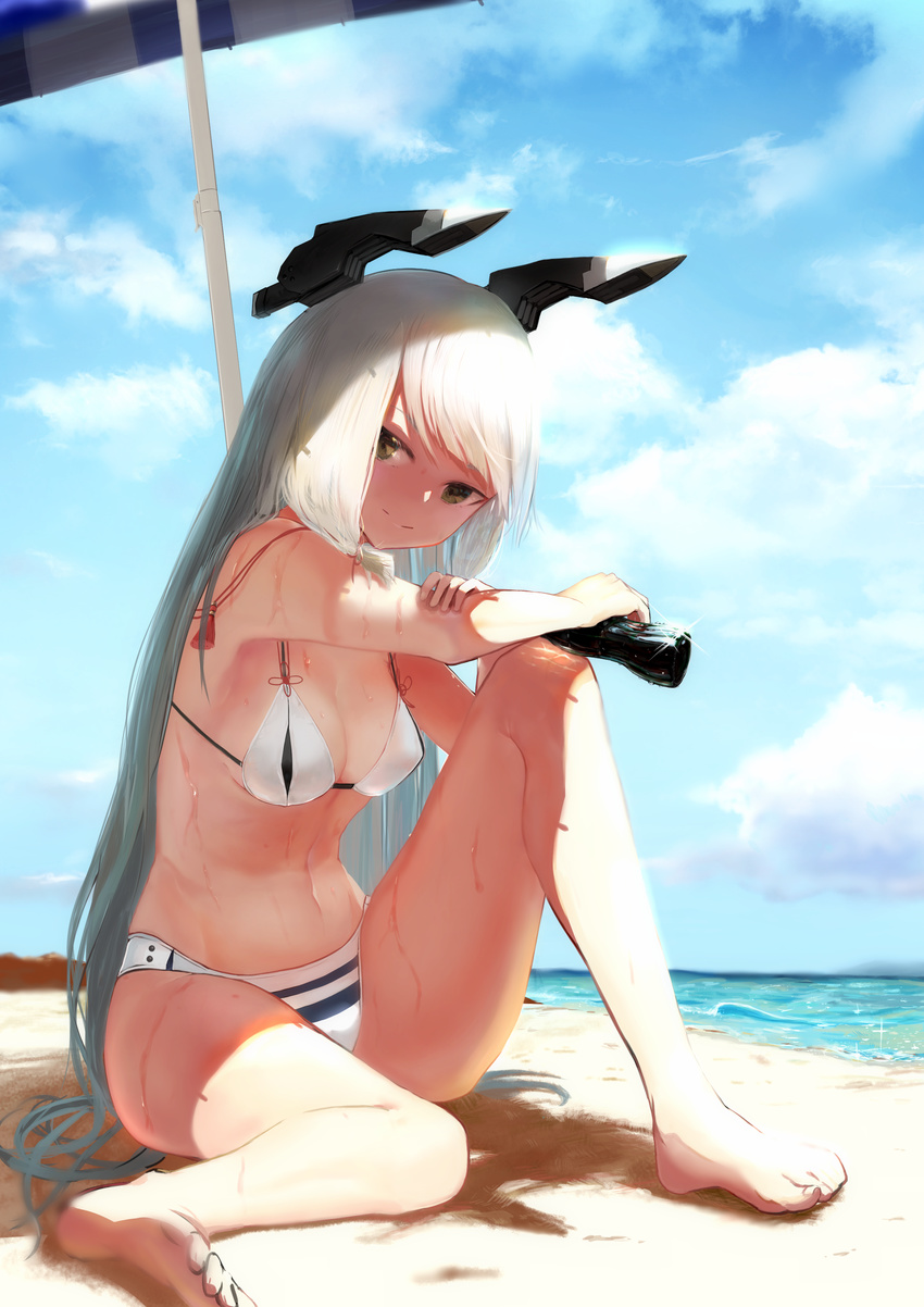 absurdres bare_legs barefoot beach beach_umbrella bikini blue_sky bottle breasts brown_eyes cleavage cloud cloudy_sky day drink glint headgear highres isaka_wasabi kantai_collection long_hair medium_breasts murakumo_(kantai_collection) navel outdoors sand sidelocks silver_hair sitting sky smile solo swimsuit umbrella wet white_bikini white_hair