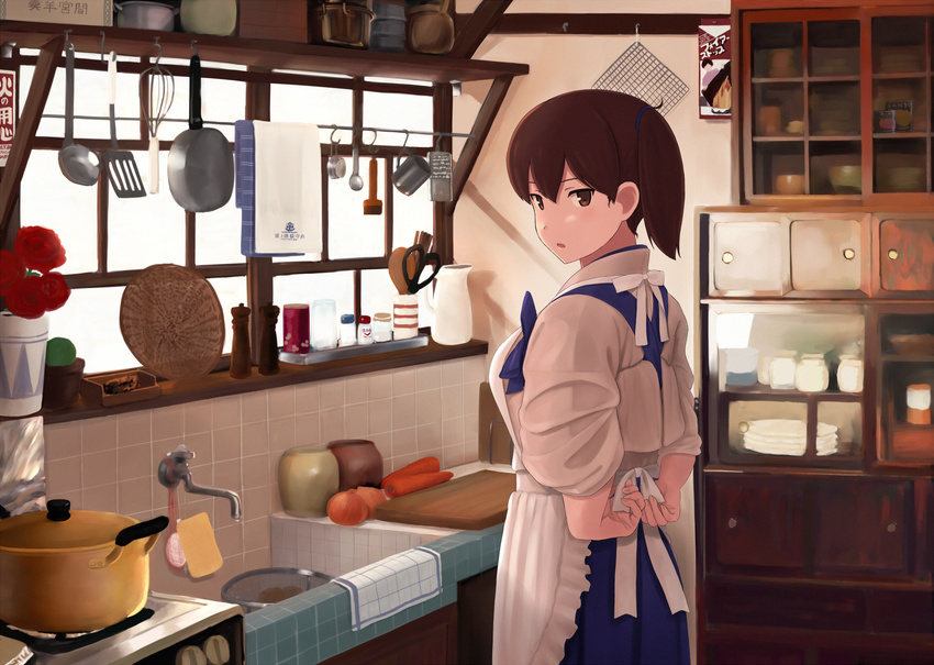 apron brown_hair carrot commentary_request cowboy_shot cup from_behind fuyube_gin_(huyube) highres indoors kaga_(kantai_collection) kantai_collection kappougi kitchen knife ladle looking_at_viewer official_style onion open_mouth pepper_shaker plate pot shibafu_(glock23)_(style) side_ponytail sink solo spatula stove towel tying window