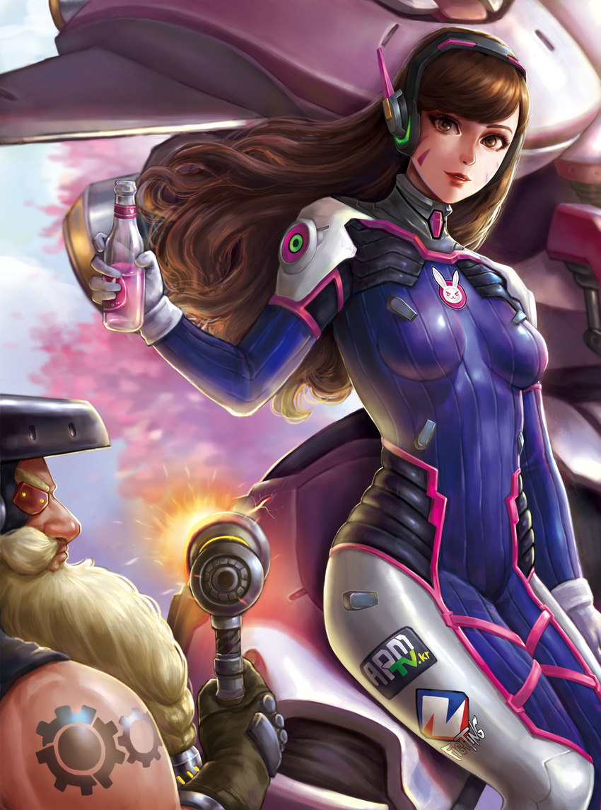 1girl absurdres alternate_color animal_print arm_tattoo armor bangs beard big_hair blonde_hair blue_bodysuit blue_sky bodysuit bottle braided_beard breasts brown_eyes brown_gloves brown_hair bunny_print cherry_blossoms clothes_writing cowboy_shot d.va_(overwatch) day facepaint facial_hair facial_mark gloves hammer headphones high_collar highres holding holding_bottle holding_hammer jess_(jess4400) lips long_hair looking_at_viewer mecha medium_breasts meka_(overwatch) nose outdoors overwatch parted_lips pilot_suit red_lips ribbed_bodysuit shiny_pokemon shirt shoulder_pads skin_tight sky sleeveless sleeveless_shirt soda soda_bottle swept_bangs tattoo torbjorn_(overwatch) tree whisker_markings white_gloves
