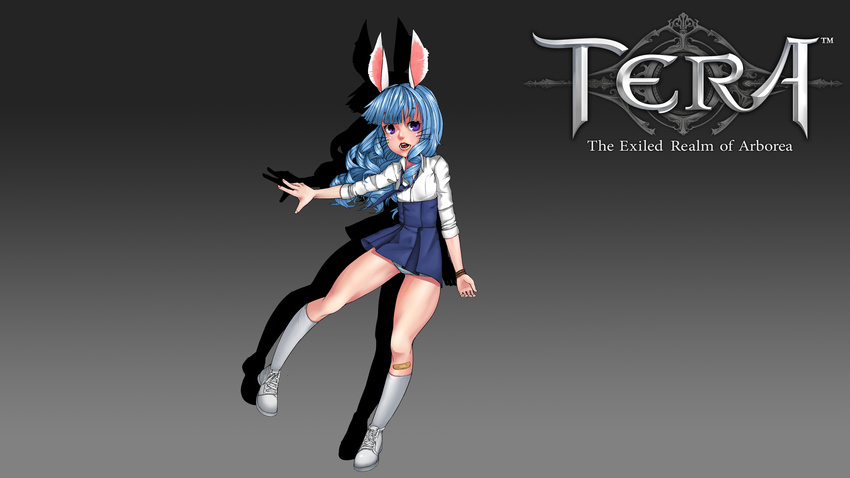 absurdres animal_ears bandaid blue_eyes blue_hair bunny_ears copyright_name curly_hair elin_(tera) fang grey_background highres kneehighs long_hair loose_necktie necktie open_mouth outstretched_arm panties panty_peek school_uniform shirt shoes simple_background skirt solo striped striped_panties tera_online underwear whiskers white_legwear white_shirt whonyang