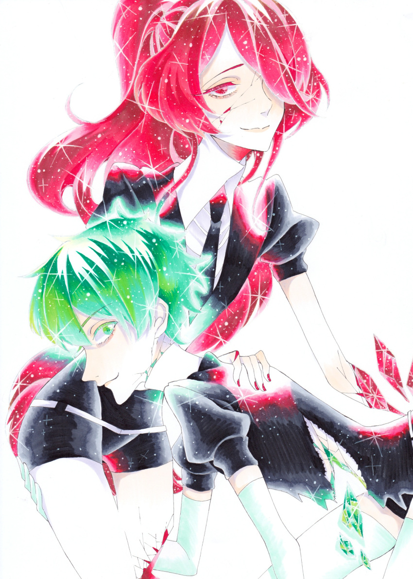 2others absurdres androgynous breaking colored_eyelashes cracked crystal_hair elbow_gloves eyebrows_visible_through_hair gem_uniform_(houseki_no_kuni) gloves green_diamond_(houseki_no_kuni) green_eyes green_hair hair_over_one_eye highres houseki_no_kuni kanitohituzi long_hair looking_at_viewer marker_(medium) missing_limb multiple_others necktie ponytail red_eyes red_hair ruby_(houseki_no_kuni) shards short_hair smile thighhighs traditional_media very_long_hair white_background