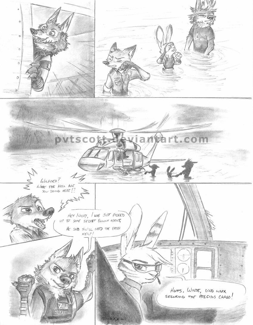 2017 4_fingers aircraft anthro armor body_armor bulletproof_vest canine clothed clothing comic coyote coywire_(pvtscott) dipstick_ears disney earpiece eyewear female fox glasses gloves_(marking) group helicopter hybrid inner_ear_fluff jack_savage judy_hopps lagomorph male mammal markings nick_wilde police_uniform pvtscott rabbit stripes traditional_media_(artwork) uniform water watermark wet wolf wolford zootopia