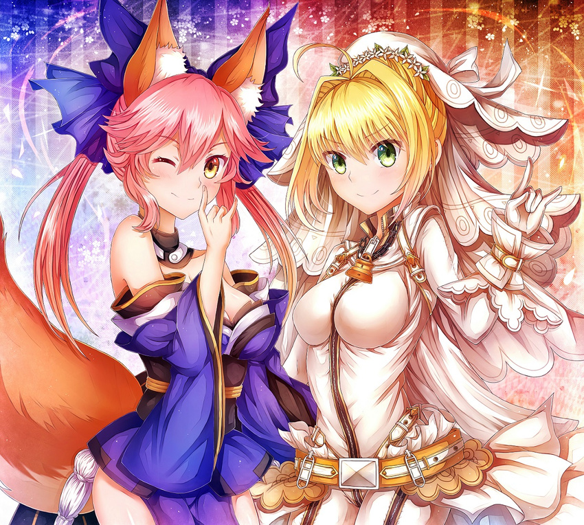ahoge animal_ears belt blonde_hair bodysuit breasts chain cleavage detached_sleeves fate/extra fate/extra_ccc fate/grand_order fate_(series) flower fox_ears fox_tail gloves green_eyes hair_flower hair_ornament hair_ribbon japanese_clothes large_breasts lock looking_at_viewer multiple_girls nero_claudius_(bride)_(fate) nero_claudius_(fate)_(all) one_eye_closed padlock pink_hair ribbon smile soda_(sodachuxd) tail tamamo_(fate)_(all) tamamo_no_mae_(fate) veil yellow_eyes zipper