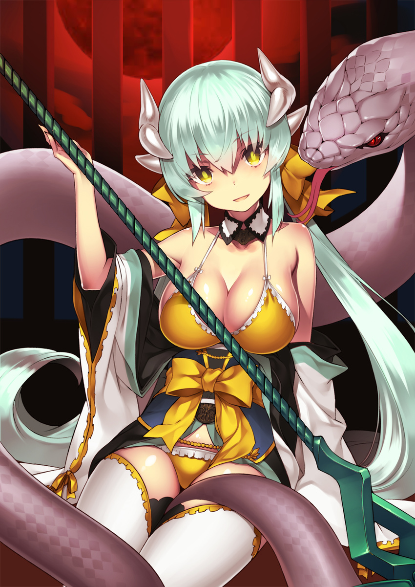 absurdres animal bangs bare_shoulders bikini bow bow_bikini breasts cleavage collarbone commentary_request detached_sleeves dragon_girl dragon_horns eyebrows_visible_through_hair fate/grand_order fate_(series) fingernails giant_snake green_hair hair_between_eyes hair_bow hair_ornament hand_up highres holding holding_spear holding_weapon horns japanese_clothes kimono kiyohime_(fate/grand_order) kiyohime_(swimsuit_lancer)_(fate) large_breasts lasa_(lasa1116) long_hair looking_at_viewer multiple_horns naginata open_mouth panties petals polearm ribbon sash sidelocks sitting smile snake solo spear swimsuit thighhighs tongue tongue_out underwear very_long_hair weapon white_legwear wide_sleeves yellow_bikini yellow_bow yellow_eyes yellow_panties yellow_ribbon