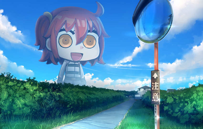ahoge anonamos bangs blue_sky building bush chibi cloud cloudy_sky commentary day dot_nose empty_eyes fate/grand_order fate_(series) fujimaru_ritsuka_(female) giantess grass hair_between_eyes house light_brown_eyes looking_at_viewer mirror open_mouth outdoors red_hair reflection riyo_(lyomsnpmp)_(style) road scenery short_hair sign sky solo traffic_mirror