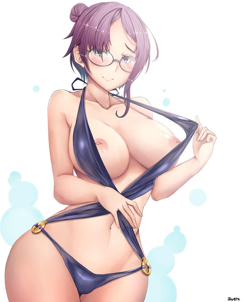 absurdres areolae artist_name bare_arms bare_shoulders black-framed_eyewear black_swimsuit blush breasts casual_one-piece_swimsuit closed_mouth collarbone cowboy_shot curvy eioh_(grand_sphere) glasses grand_sphere green_eyes groin hair_over_one_eye hand_on_own_stomach hand_up heterochromia highres inverted_nipples jay87k large_breasts legs_together looking_at_viewer navel nipples o-ring o-ring_swimsuit one-piece_swimsuit pink_lips puffy_nipples pulled_by_self purple_eyes purple_hair round_eyewear shiny shiny_skin short_hair side_bun smile solo standing stomach swimsuit swimsuit_pull thick_thighs thighhighs thighs wide_hips