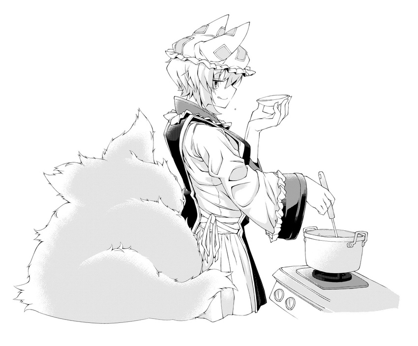:q closed_mouth cooking eyebrows_visible_through_hair fox_tail from_side greyscale hat highres holding ladle looking_at_viewer mob_cap monochrome pot saucer short_hair simple_background solo stove tabard tail tongue tongue_out touhou white_background yakumo_ran zawa_(zawzawranran2)