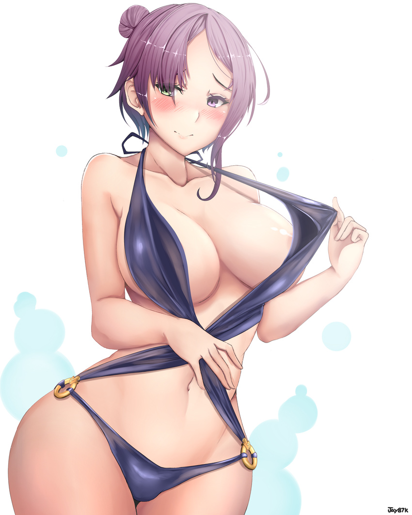 absurdres areola_slip areolae artist_name bare_arms bare_shoulders black_swimsuit blush breasts casual_one-piece_swimsuit cleavage closed_mouth collarbone cowboy_shot curvy eioh_(grand_sphere) grand_sphere green_eyes groin hair_over_one_eye hand_on_own_stomach hand_up heterochromia highres jay87k large_breasts legs_together looking_at_viewer navel o-ring o-ring_swimsuit one-piece_swimsuit pink_lips pulled_by_self purple_eyes purple_hair shiny shiny_skin short_hair side_bun smile solo standing stomach swimsuit swimsuit_pull thick_thighs thighhighs thighs wide_hips