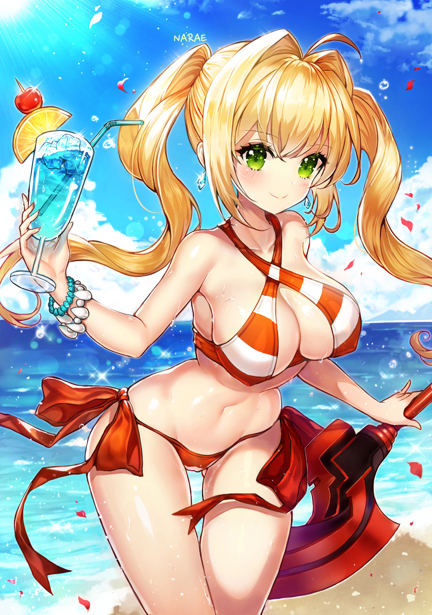 aestus_estus ahoge artist_name bad_anatomy beach bikini blonde_hair blue_hawaii blue_sky blush breasts cleavage closed_mouth cloud cloudy_sky collarbone cowboy_shot criss-cross_halter cup day drinking_straw fate/grand_order fate_(series) floating_hair green_eyes hair_intakes halter_top halterneck highres holding holding_cup holding_sword holding_weapon large_breasts leaning_forward light_rays narae navel nero_claudius_(fate)_(all) nero_claudius_(swimsuit_caster)_(fate) ocean outdoors petals red_bikini rose_petals side-tie_bikini sky smile solo standing striped striped_bikini sunbeam sunlight swimsuit sword thighs tropical_drink twintails weapon
