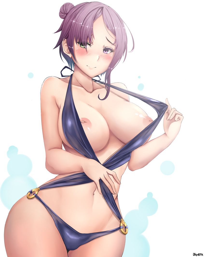 absurdres areolae artist_name bare_arms bare_shoulders black_swimsuit blush breasts casual_one-piece_swimsuit closed_mouth collarbone cowboy_shot curvy eioh_(grand_sphere) grand_sphere green_eyes groin hair_over_one_eye hand_on_own_stomach hand_up heterochromia highres inverted_nipples jay87k large_breasts legs_together looking_at_viewer navel nipples o-ring o-ring_swimsuit one-piece_swimsuit pink_lips puffy_nipples pulled_by_self purple_eyes purple_hair shiny shiny_skin short_hair side_bun smile solo standing stomach swimsuit swimsuit_pull thick_thighs thighhighs thighs wide_hips