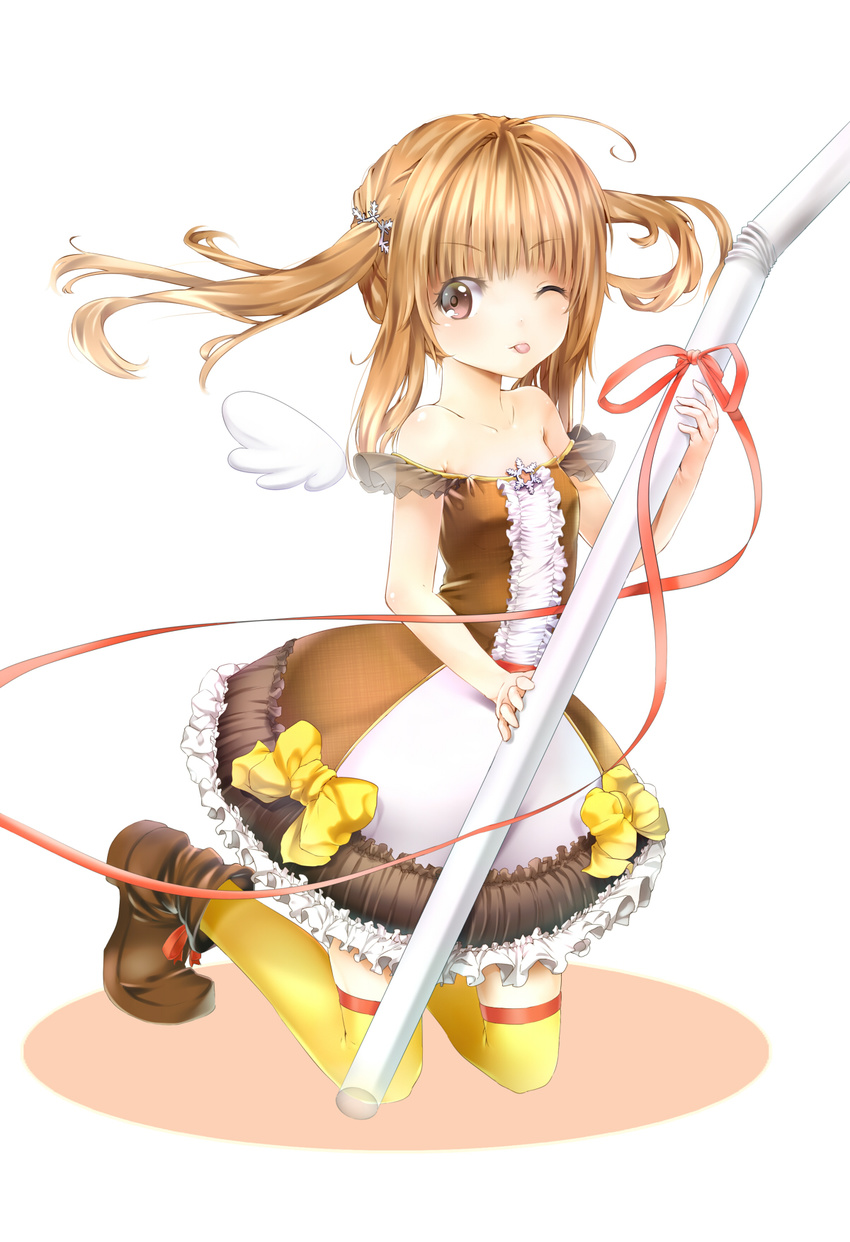 bare_shoulders boots brown_eyes brown_footwear brown_hair collarbone drinking_straw eyebrows_visible_through_hair highres kagkfc1z kneeling looking_at_viewer one_eye_closed original short_hair short_twintails solo thighhighs tongue tongue_out twintails wings yellow_legwear