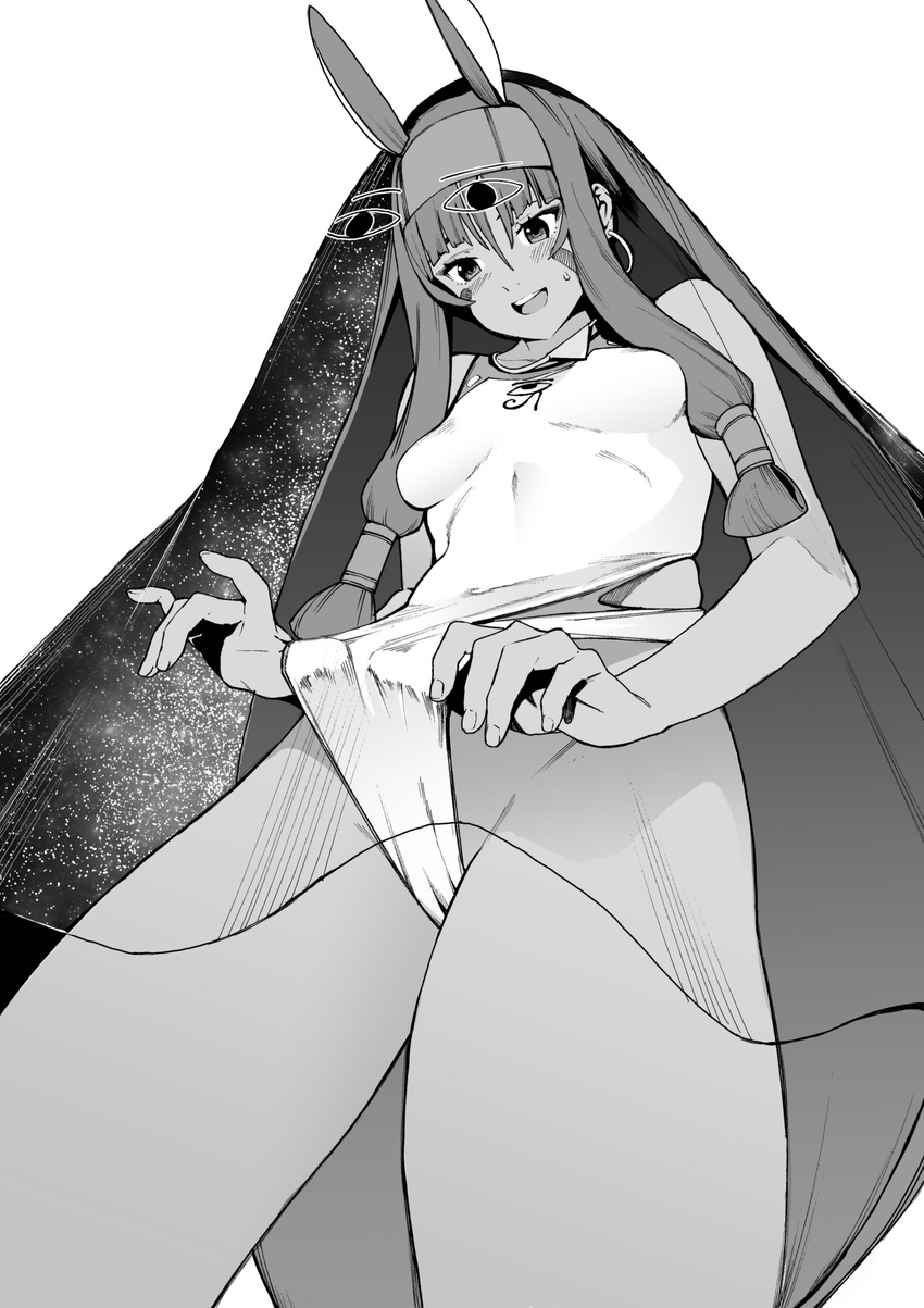 :d absurdres animal_ears blush breasts cameltoe daftbonkers earrings fate/grand_order fate_(series) from_below greyscale groin hairband highres jackal_ears jewelry long_hair monochrome nitocris_(fate/grand_order) nitocris_(swimsuit_assassin)_(fate) one-piece_swimsuit open_mouth simple_background small_breasts smile solo standing starry_sky_print sweat swimsuit swimsuit_pull teeth white_background