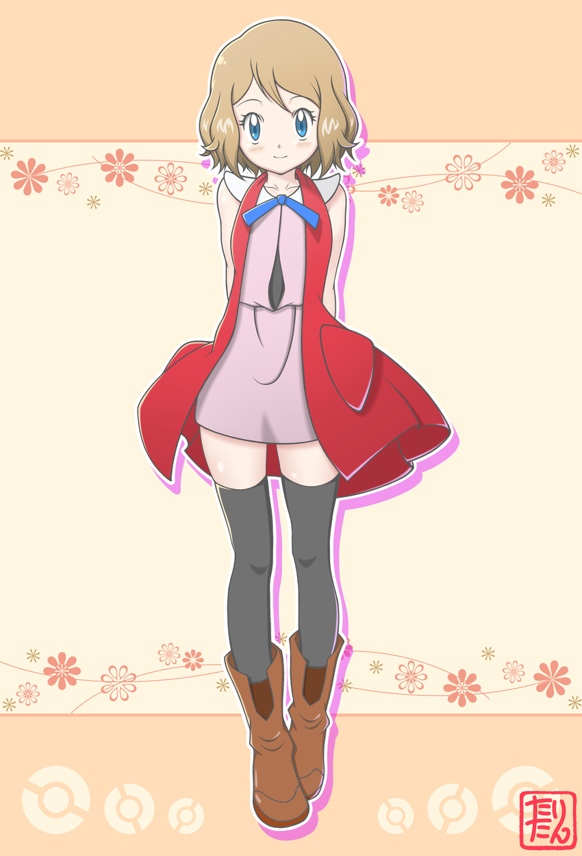 1girl absurdres arms_behind_back bare_shoulders black_legwear blonde_hair blue_eyes blue_ribbon blush boots brown_boots collarbone eyebrows_visible_through_hair full_body looking_at_viewer orange_background pink_shirt pink_skirt pokemon pokemon_xy red_vest ribbon serena_(pokemon) shirt short_hair simple_background skindentation skirt sleeveless sleeveless_shirt smile solo standing tax2rin text thighhighs translation_request vest zettai_ryouiki