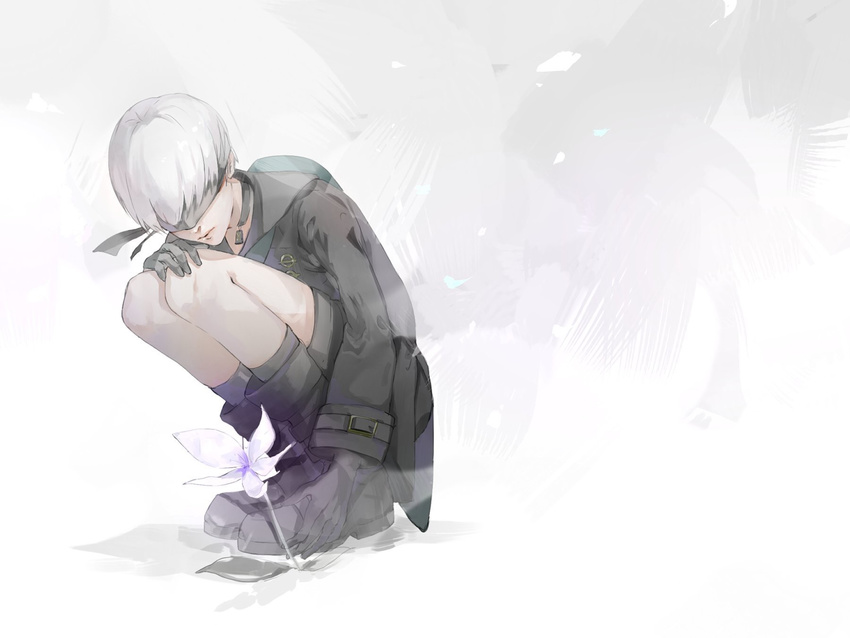 blindfold boots choker flower gloves highres koou_ma long_sleeves male_focus nier_(series) nier_automata solo white_hair yorha_no._9_type_s