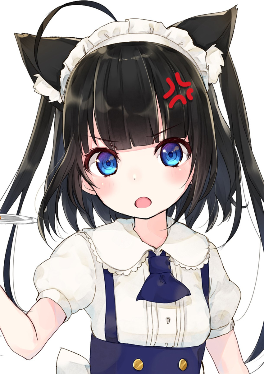 anger_vein angry animal_ears annoyed apron arm_at_side ascot bangs black_dress black_hair black_neckwear blouse blue_dress blue_eyes blush breasts buttons cat_ears cat_girl commentary_request dress frilled_shirt_collar frilled_skirt frills fushimi_sameta hand_up highres holding holding_plate long_hair looking_at_viewer maid maid_headdress one_eye_closed open_mouth original pinafore_dress plate puffy_short_sleeves puffy_sleeves shirt short_sleeves simple_background skirt small_breasts solo standing twintails upper_body white_background white_shirt