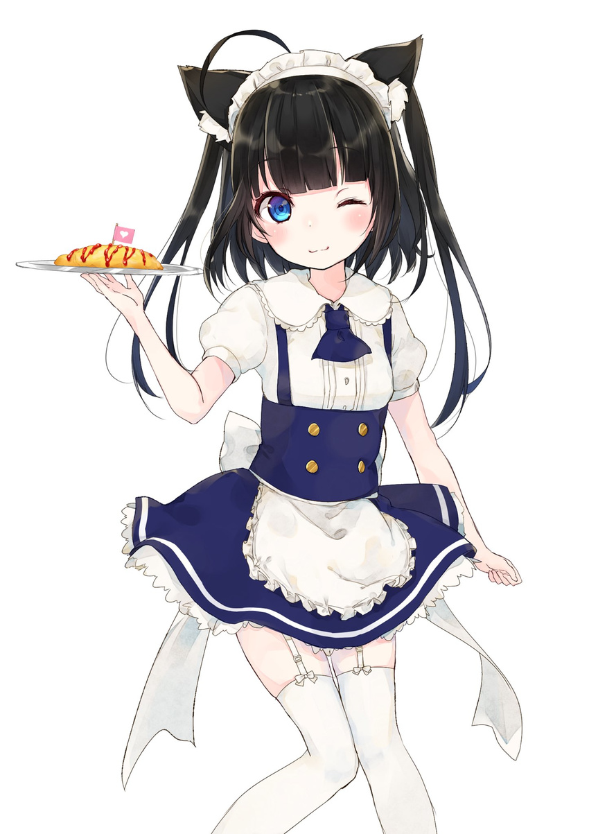 ;) ;3 animal_ears apron arm_at_side ascot bangs black_dress black_hair black_neckwear blouse blue_dress blue_eyes blush breasts buttons cat_ears cat_girl cat_tail closed_mouth commentary dress feet_out_of_frame food frilled_apron frilled_skirt frills fushimi_sameta garter_straps highres holding holding_plate ketchup knees_together_feet_apart long_hair looking_at_viewer maid maid_apron maid_headdress omelet omurice one_eye_closed original pinafore_dress plate puffy_short_sleeves puffy_sleeves shirt short_sleeves simple_background skirt small_breasts smile solo standing tail thighhighs twintails waist_apron white_background white_legwear white_shirt