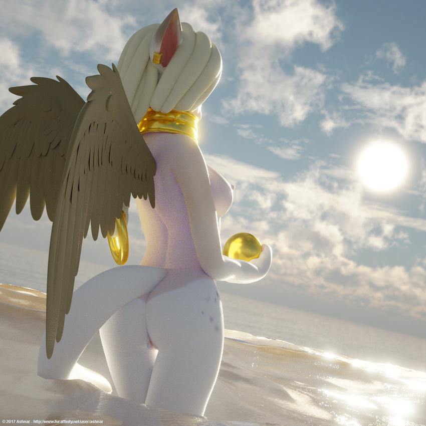 2017 3d_(artwork) anthro ashnar blender_(software) digital_media_(artwork) ear_piercing feathered_wings feathers female hair nipples nude opal_(ashnar) outside partially_submerged piercing pussy rear_view solo sphinx sun white_hair wings