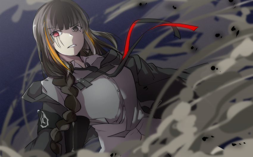 armband assault_rifle bangs black_eyes black_hair black_neckwear blurry braid clenched_teeth commentary commentary_request depth_of_field dust dutch_angle eyebrows_visible_through_hair girls_frontline grey_shirt gun heterochromia highlights highres jacket long_hair looking_at_viewer m16a1 m16a1_(girls_frontline) mole mole_under_eye multicolored_hair necktie open_clothes open_jacket orange_hair parted_lips red_eyes rifle scar scar_across_eye shirt side_braid solo streaked_hair teeth tsurime weapon xiujia_yihuizi