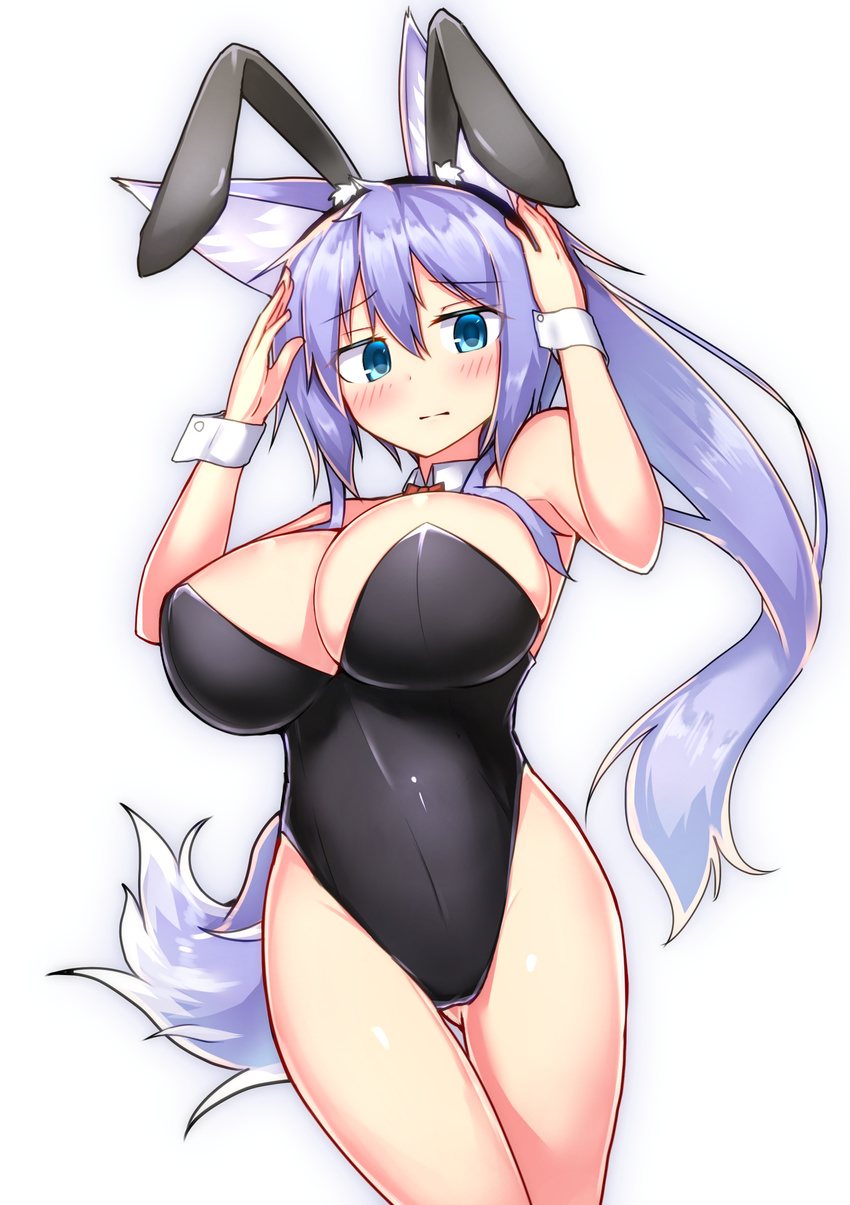 absurdres animal_ears ass_visible_through_thighs black_leotard blue_eyes bow bowtie breasts bunny_ears bunnysuit cowboy_shot detached_collar fox_ears fox_tail highres indigo_(tylwing) large_breasts lavender_hair leotard original red_bow red_neckwear simple_background solo standing strapless strapless_leotard tail tylwing white_background wrist_cuffs