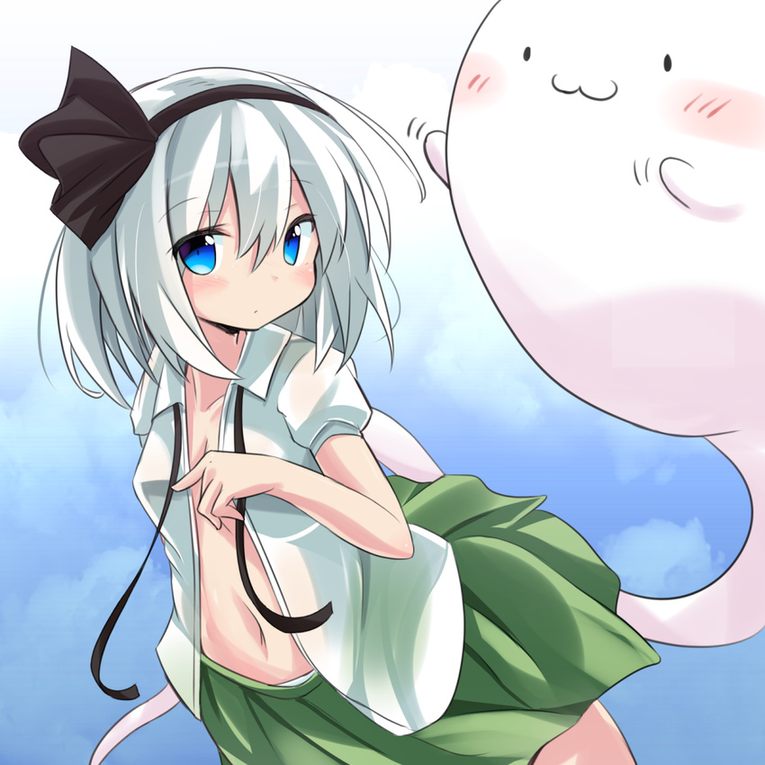 :3 blue_background blue_eyes blush closed_mouth collarbone cowboy_shot expressionless eyes_visible_through_hair gradient gradient_background green_skirt hair_ribbon highres konpaku_youmu konpaku_youmu_(ghost) looking_at_viewer navel open_clothes open_shirt puffy_short_sleeves puffy_sleeves ribbon ryogo shirt short_hair short_sleeves skirt solid_oval_eyes solo standing touhou white_hair white_shirt