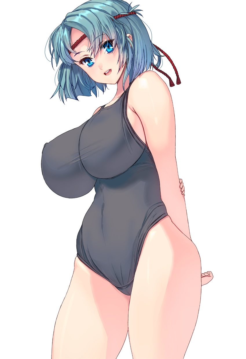 aqua_hair arms_behind_back black_swimsuit blue_eyes blue_hair breasts covered_nipples cowboy_shot grabbing_own_arm headband highres holding_arm huge_breasts impossible_clothes impossible_swimsuit masao one-piece_swimsuit open_mouth original perky_breasts plump rope school_swimsuit short_hair sideboob simple_background smile solo swimsuit thighs white_background