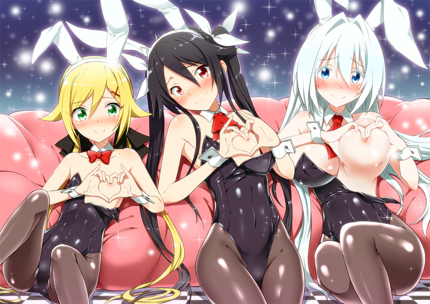 animal_ears bare_shoulders black_hair black_leotard blonde_hair blue_eyes blush bow bowtie breasts bunny_ears bunnysuit cleavage commentary_request covered_navel cushion detached_collar eyebrows_visible_through_hair fake_animal_ears green_eyes hair_between_eyes hair_flaps hair_ribbon heart-shaped_boob_challenge large_breasts leotard long_hair looking_at_viewer multiple_girls nipples ore_twintail_ni_narimasu pantyhose red_eyes ribbon shindou_erina silver_hair small_breasts smile sparkle tsube_aika twintails twoearle wrist_cuffs yuto_(dialique)