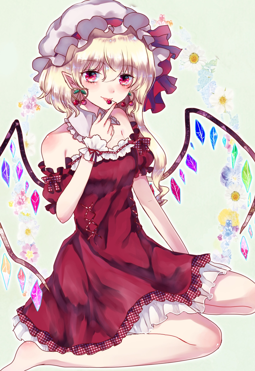:p alternate_costume barefoot blonde_hair blue_background cherry cherry_earrings detached_collar detached_sleeves dress earrings eyelashes finger_to_face flandre_scarlet floral_background food food_themed_earrings fruit full_body ginzuki_ringo hat hat_ribbon heart heart_earrings highres jewelry looking_at_viewer mob_cap petticoat pointy_ears red_dress red_eyes ribbon short_hair side_ponytail sitting solo strapless strapless_dress tongue tongue_out touhou wings wrist_cuffs yokozuwari