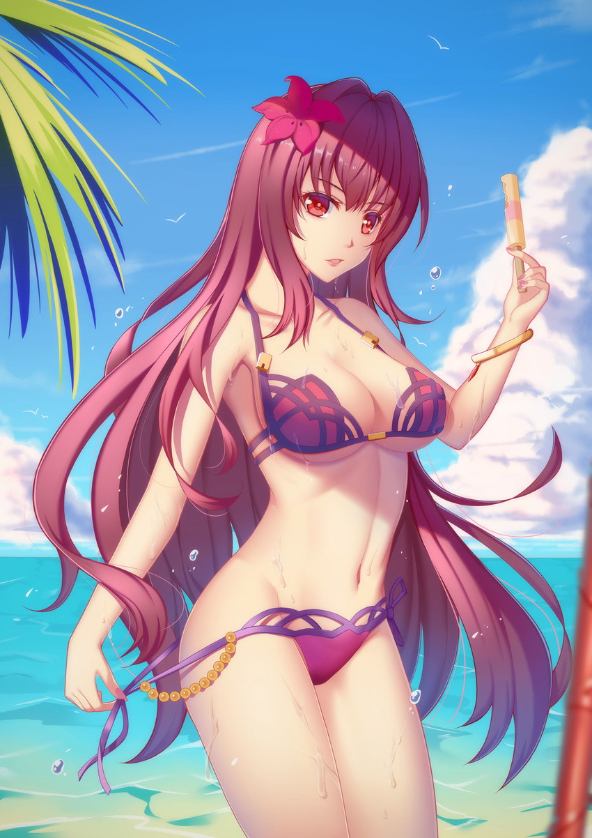 absurdres adapted_costume aira5 arm_at_side bangs bare_arms bare_shoulders bikini blue_sky bracelet breasts brown_hair cleavage closed_mouth cloud cloudy_sky collarbone cowboy_shot day eyebrows_visible_through_hair fate/grand_order fate_(series) fingernails flower food hair_flower hair_ornament hand_up head_tilt hibiscus highres holding holding_strap jewelry large_breasts legs_together long_fingernails long_hair looking_at_viewer makeup nail_polish navel ocean open_mouth outdoors palm_tree parted_lips pink_lips pink_nails planted_weapon polearm popsicle purple_bikini purple_hair red_eyes red_flower scathach_(fate)_(all) scathach_(swimsuit_assassin)_(fate) side-tie_bikini sidelocks sky smile solo spear stomach strap_gap string_bikini swimsuit tree underboob untied untied_bikini very_long_hair water water_drop weapon wet